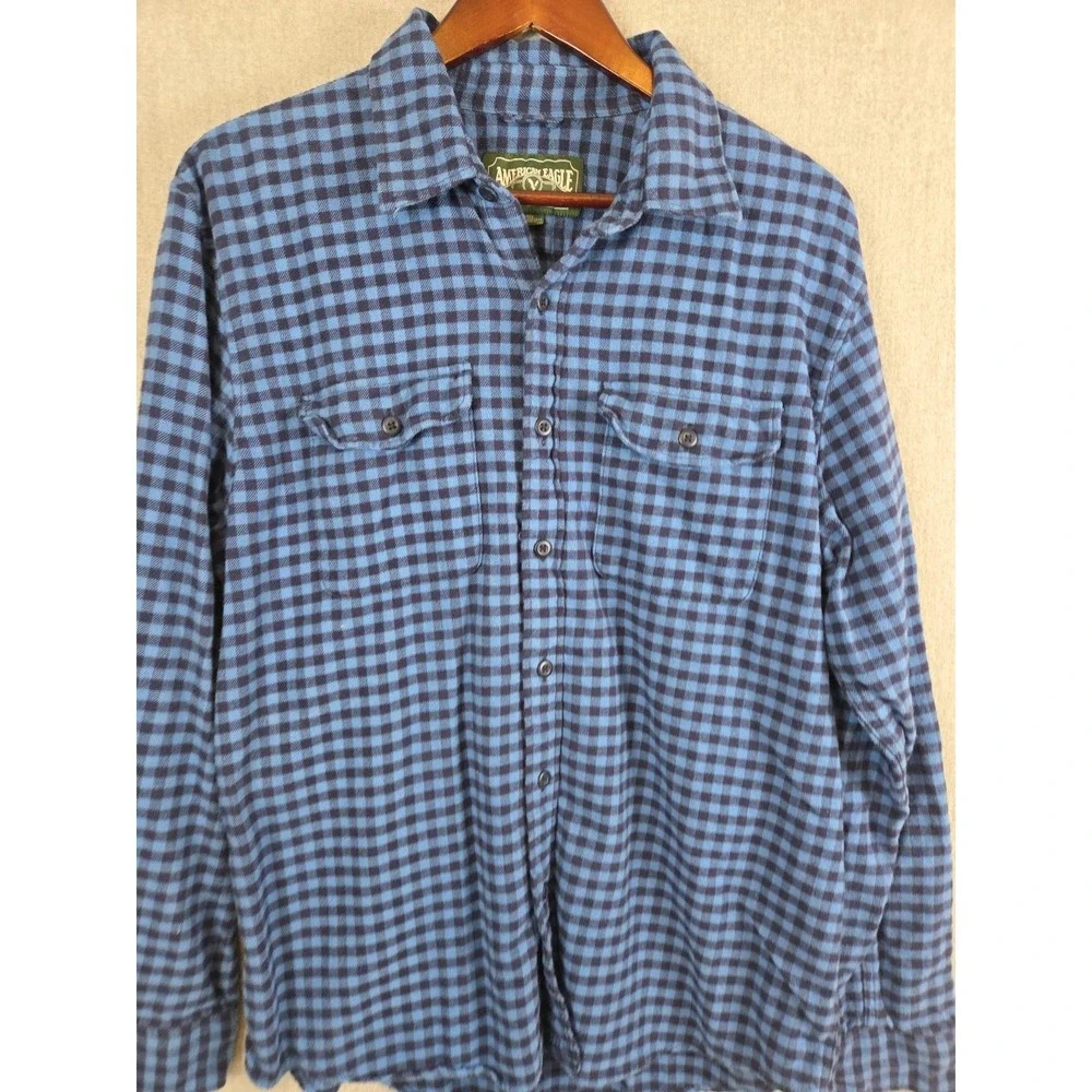 American Eagle Shirt Mens L Blue Gingham Check Button Up Classiccore Flannel Y2K